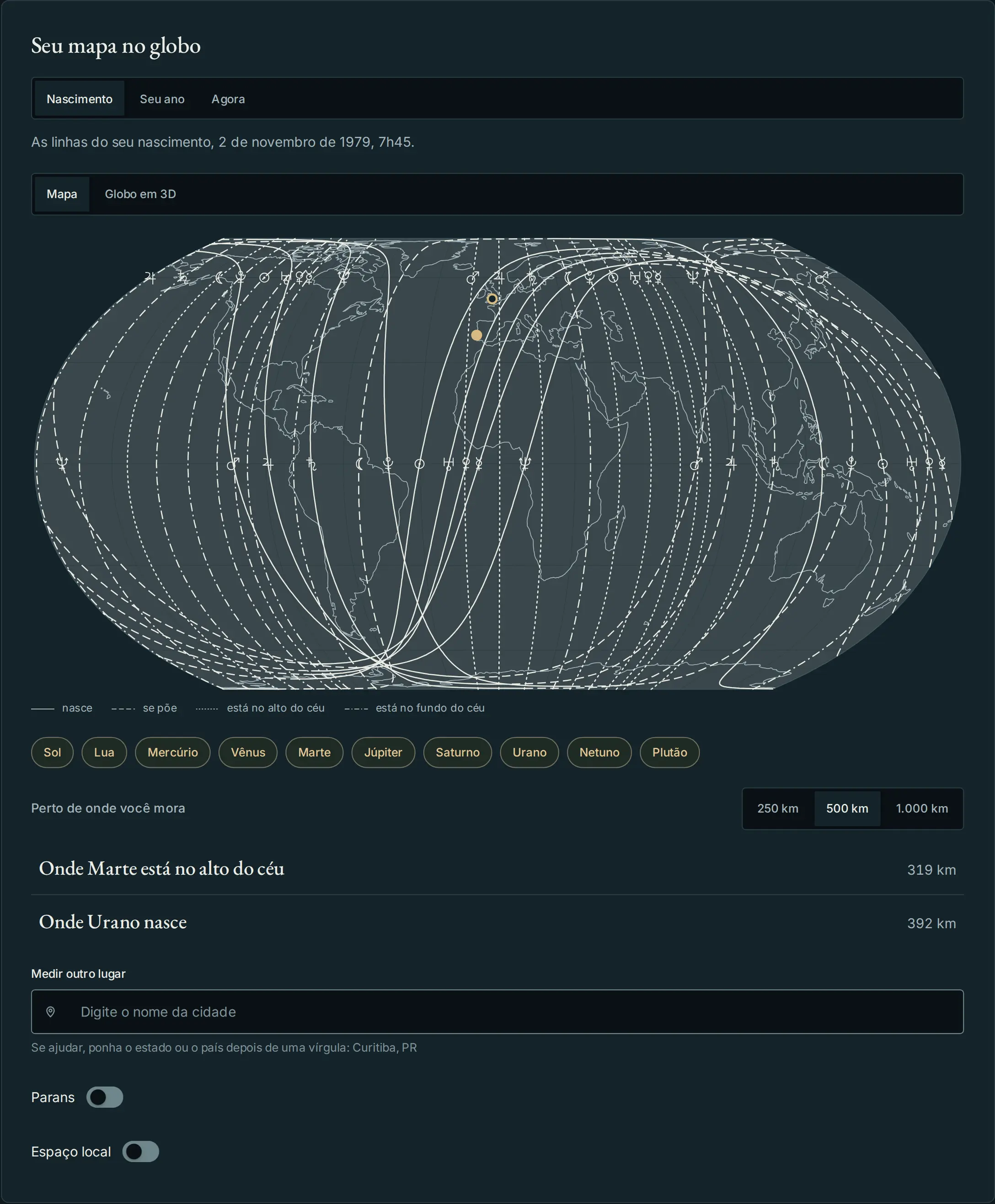 O mapa de nascimento no globo, com as linhas de cada planeta e as que passam mais perto de casa