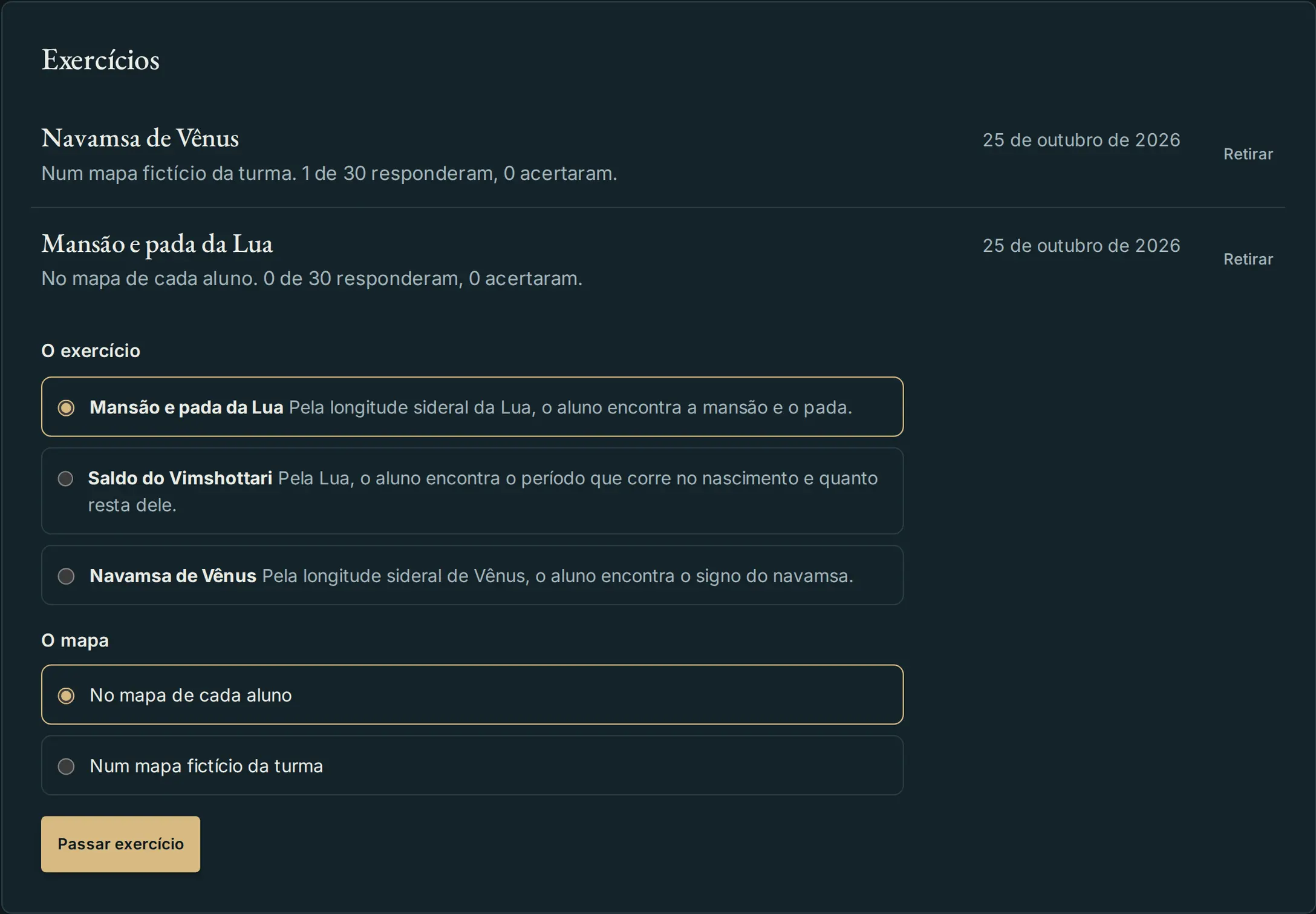 Os exercícios de uma turma, cada um com quantos alunos responderam e quantos acertaram
