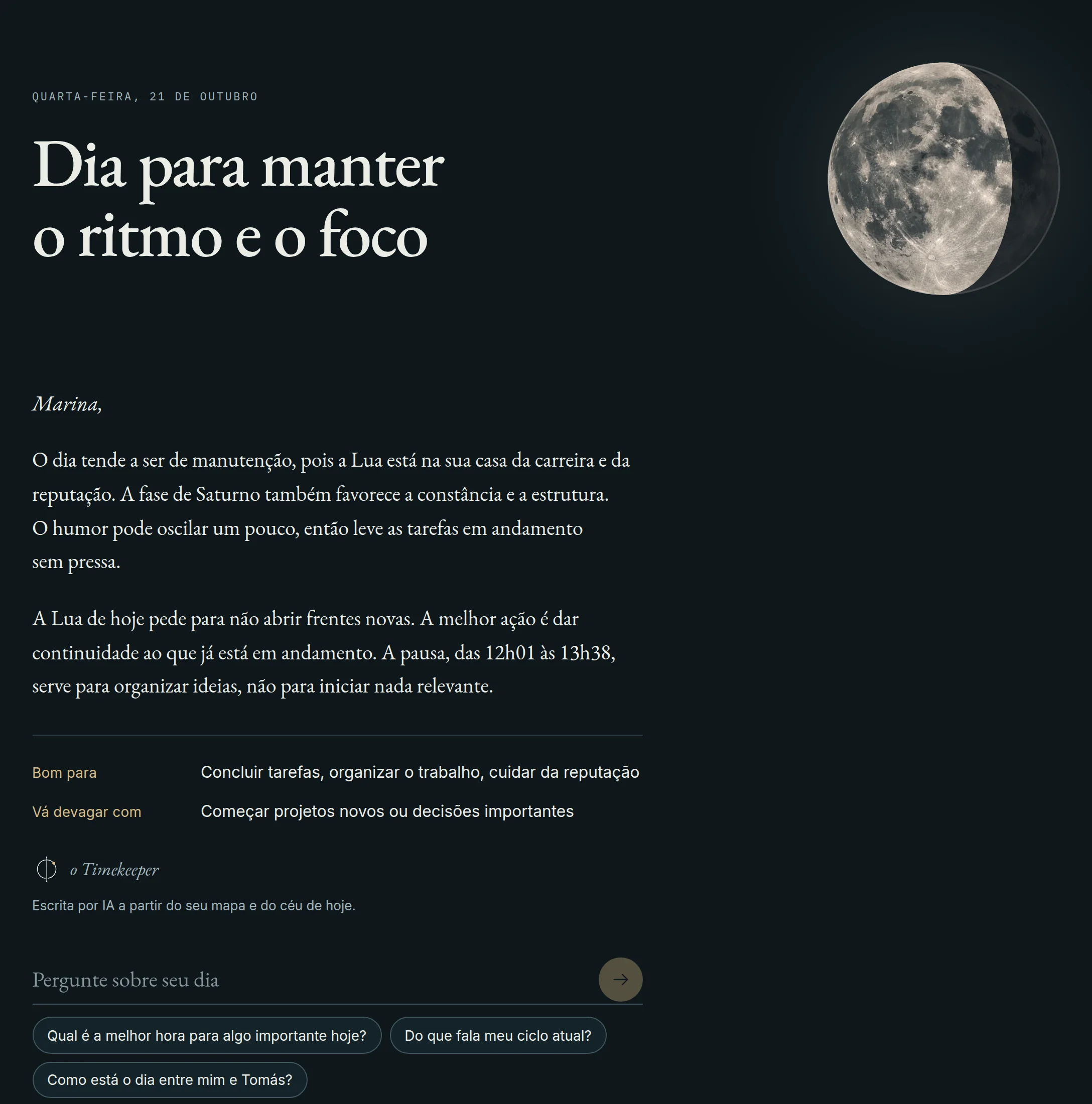 A página Hoje, com a manchete do dia, a Lua e a carta do Timekeeper